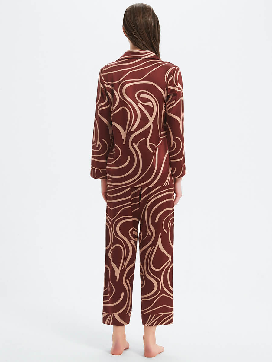 22 Momme Claret Abstract Lines Print Long Sleeve Silk Pajama Set