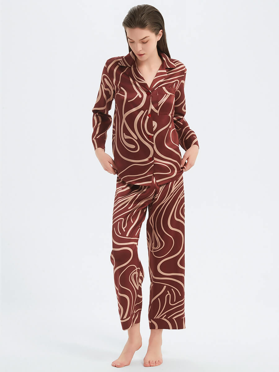22 Momme Claret Abstract Lines Print Long Sleeve Silk Pajama Set