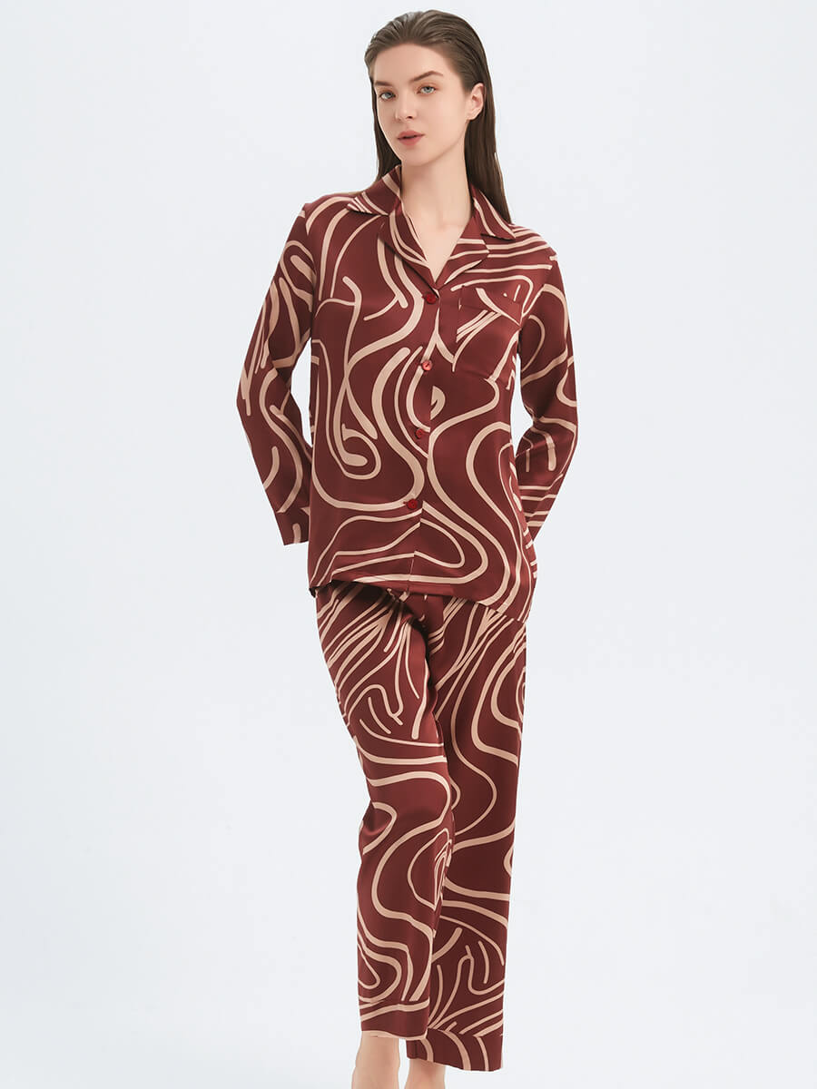 22 Momme Claret Abstract Lines Print Long Sleeve Silk Pajama Set