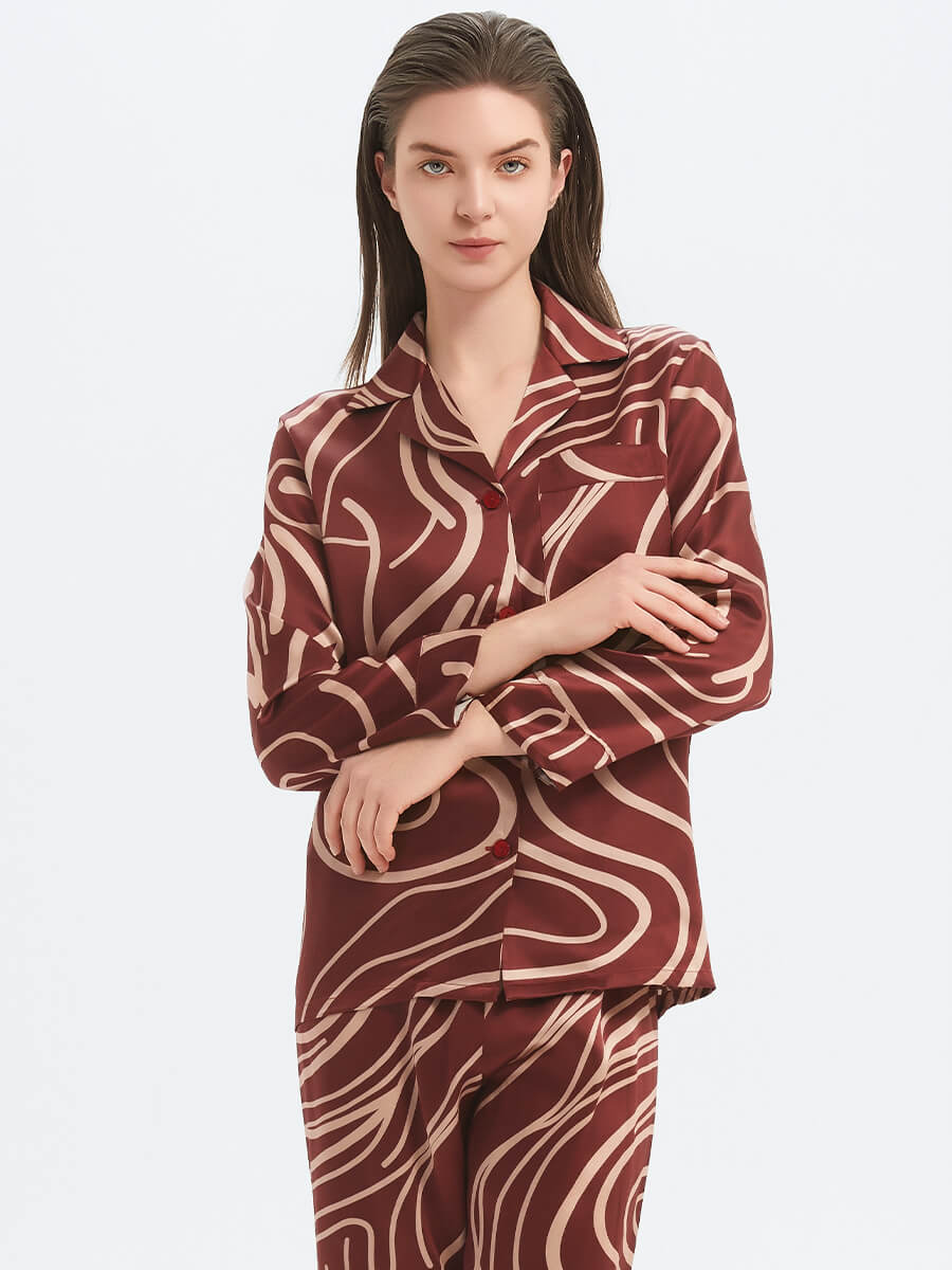 22 Momme Claret Abstract Lines Print Long Sleeve Silk Pajama Set