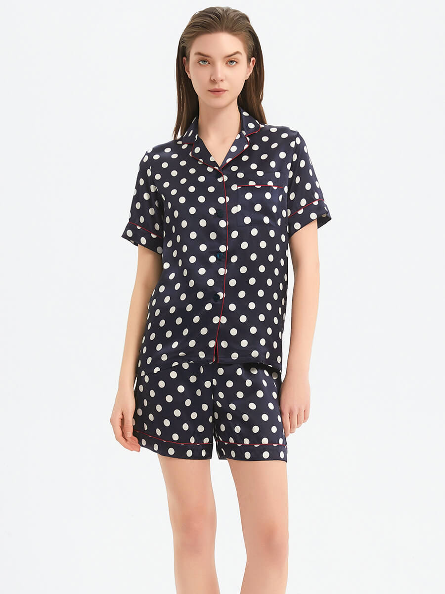 22 Momme Navy Blue Polka Dot Short Sleeve Silk Pajama Set