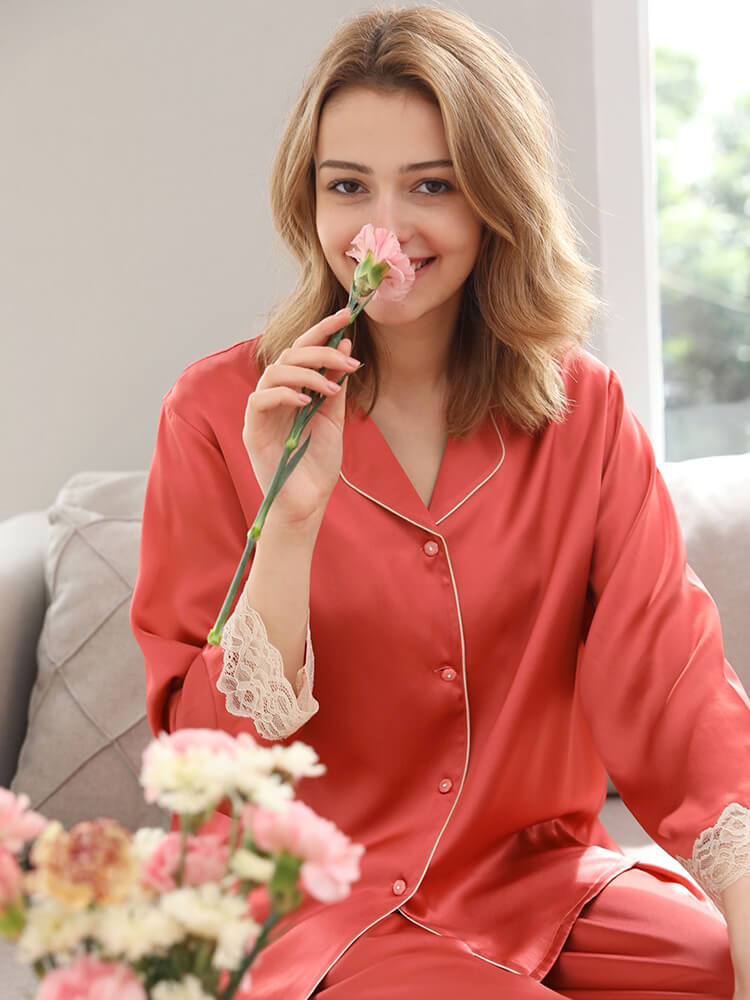 19 Momme Rose Red Lace Trimmed Silk Pajama Set for Women