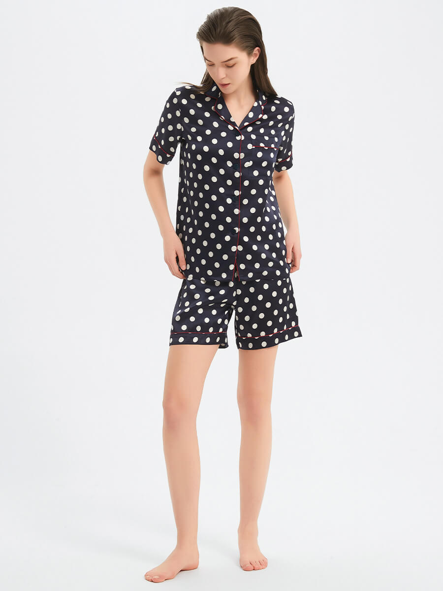 22 Momme Navy Blue Polka Dot Short Sleeve Silk Pajama Set