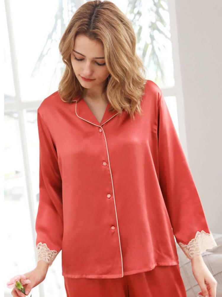 19 Momme Rose Red Lace Trimmed Silk Pajama Set for Women