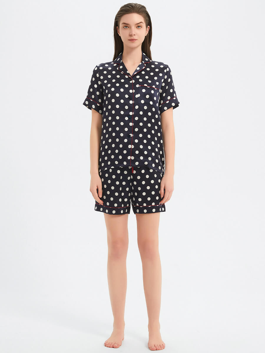 22 Momme Navy Blue Polka Dot Short Sleeve Silk Pajama Set