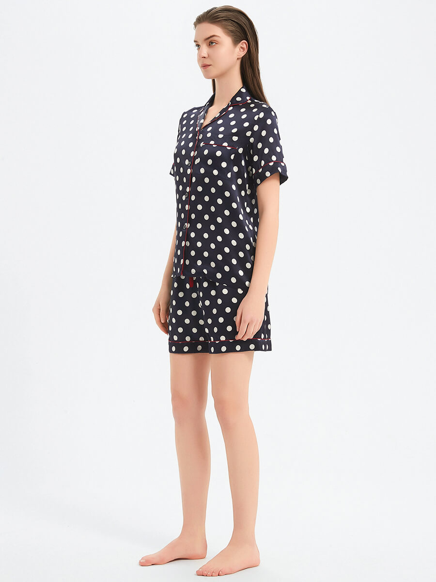 22 Momme Navy Blue Polka Dot Short Sleeve Silk Pajama Set