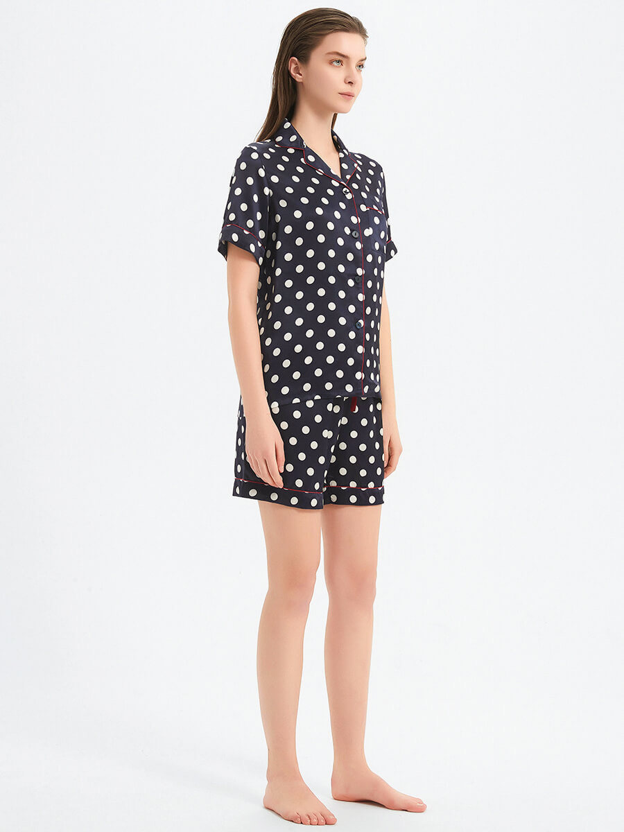 22 Momme Navy Blue Polka Dot Short Sleeve Silk Pajama Set