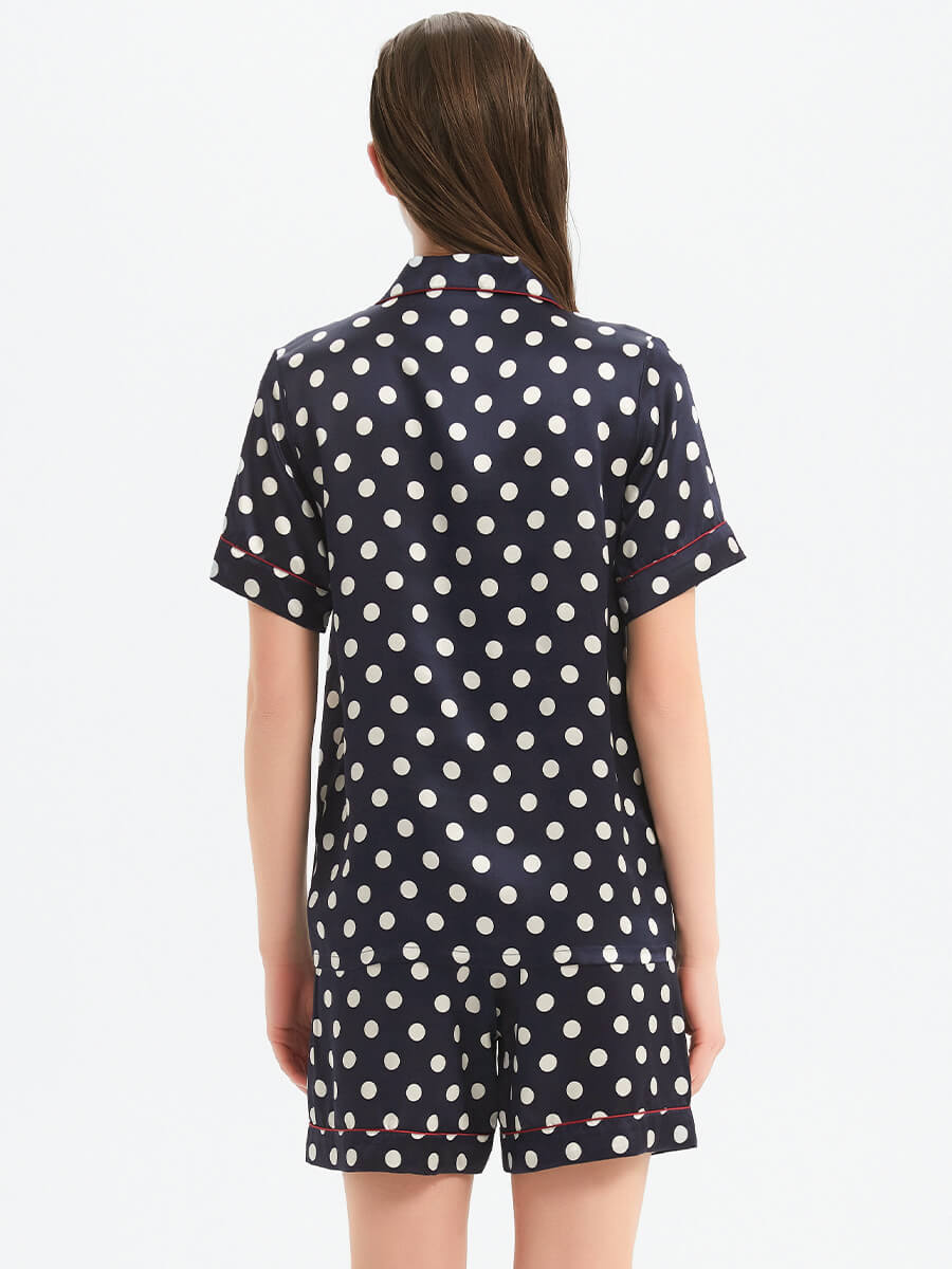 22 Momme Navy Blue Polka Dot Short Sleeve Silk Pajama Set