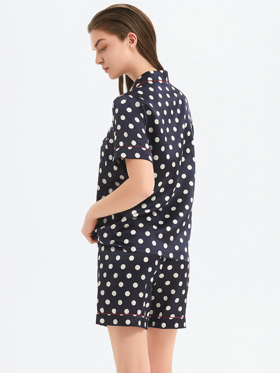 22 Momme Navy Blue Polka Dot Short Sleeve Silk Pajama Set