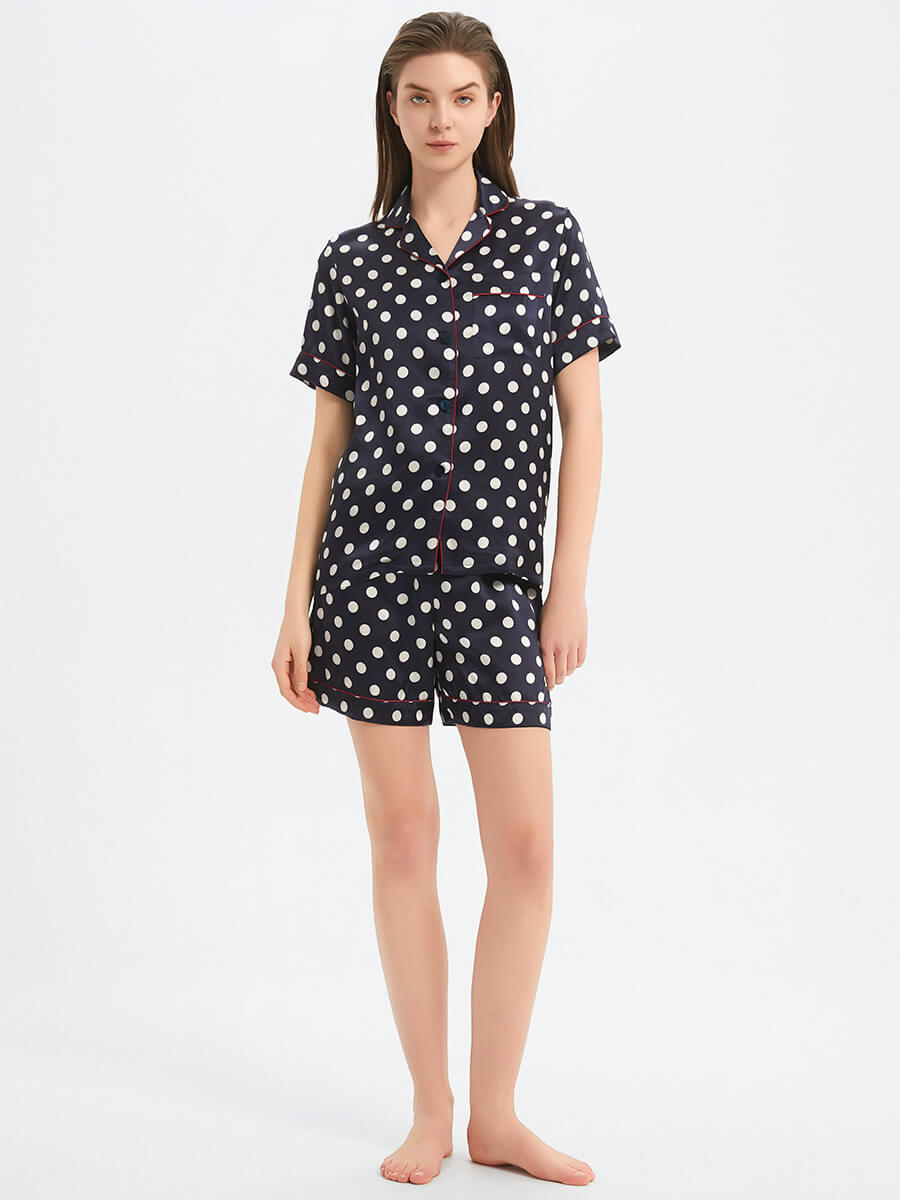 22 Momme Navy Blue Polka Dot Short Sleeve Silk Pajama Set