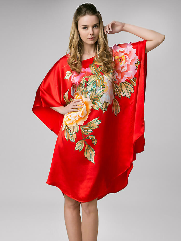 Flowers Printed Red Mulberry Silk Caftan Nightgown