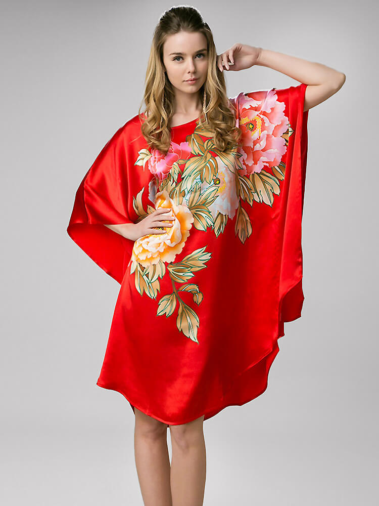 (image for) Flowers Printed Red Mulberry Silk Caftan Nightgown
