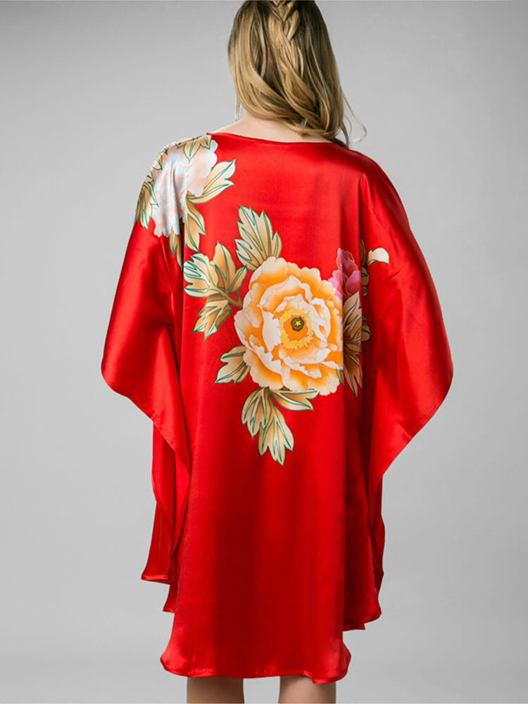 Flowers Printed Red Mulberry Silk Caftan Nightgown