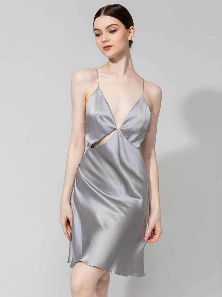 19 Momme Elegant Cowl Neck Lace Up Back Silk Slip Nightgown
