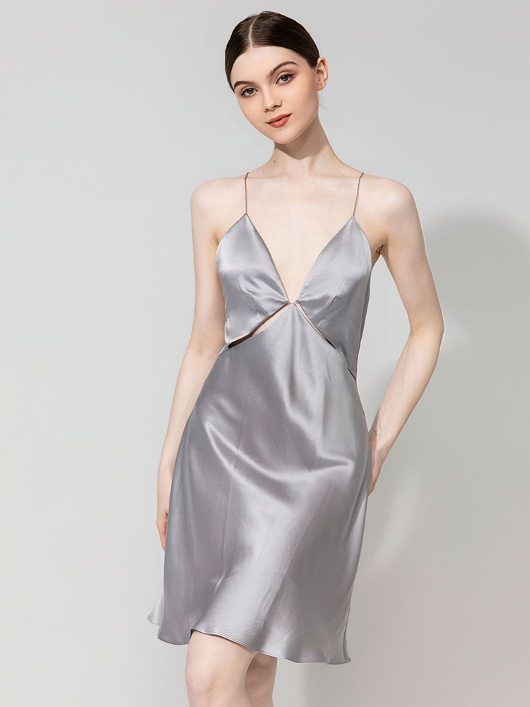 19 Momme Elegant Cowl Neck Lace Up Back Silk Slip Nightgown