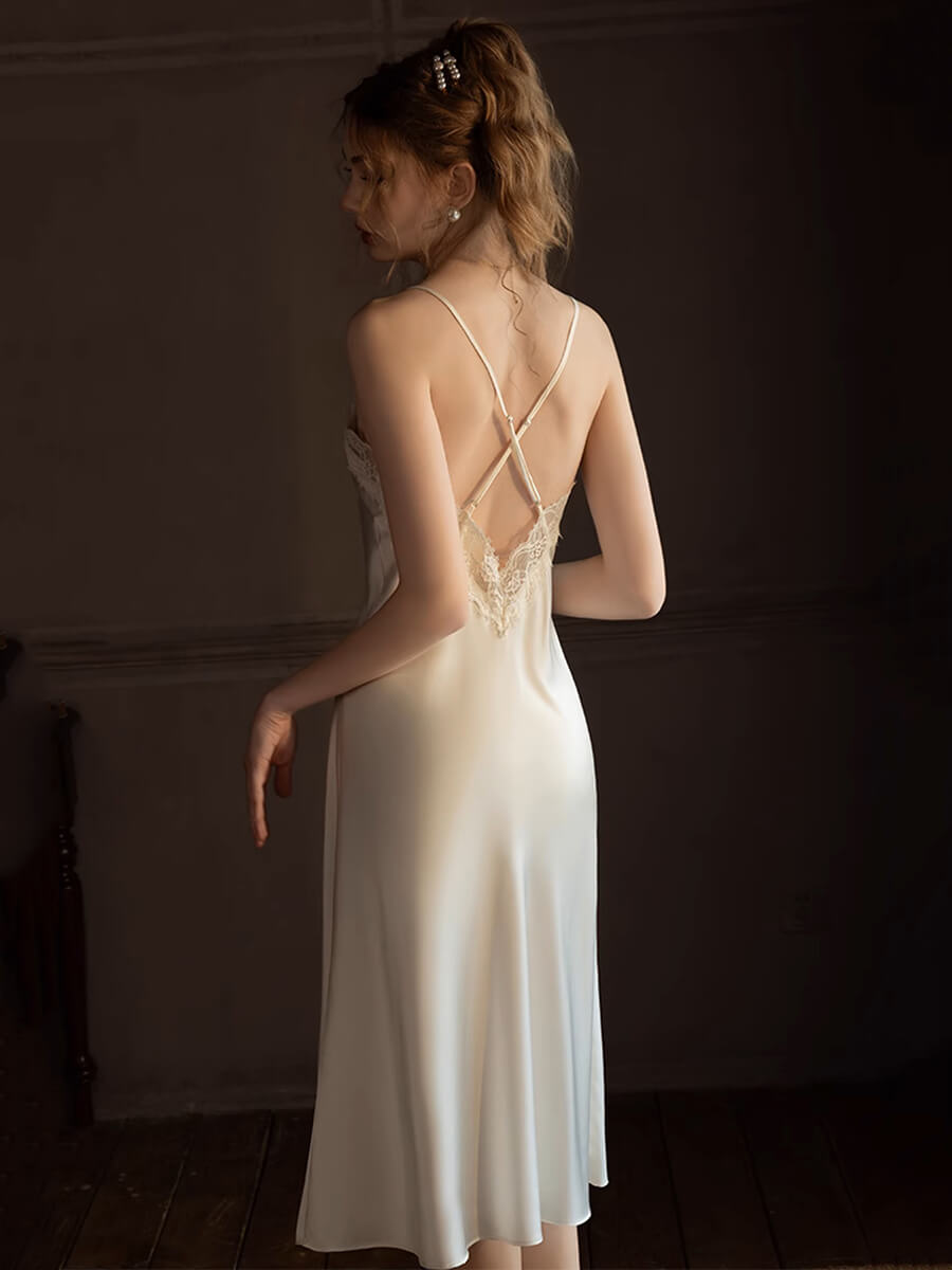22 Momme V-Neck Lace Trimmed Long Silk Slip Nightgown