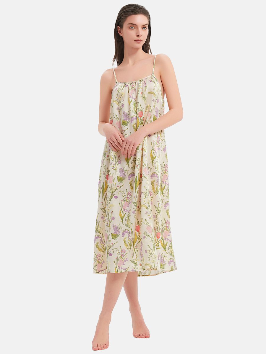 22 Momme Pastel Floral Spaghetti Strap Midi Silk Slip Nightgown
