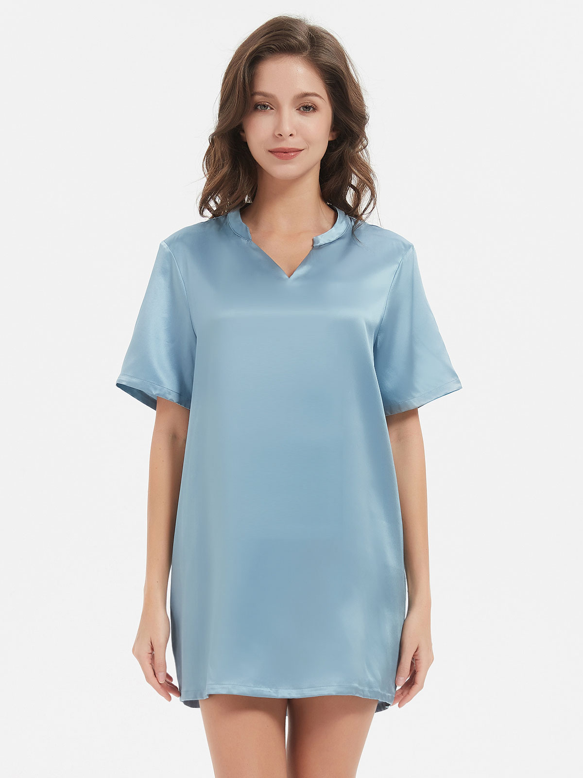 19 Momme Haze Blue V-Neck Stand Collar Short Silk Nightgown