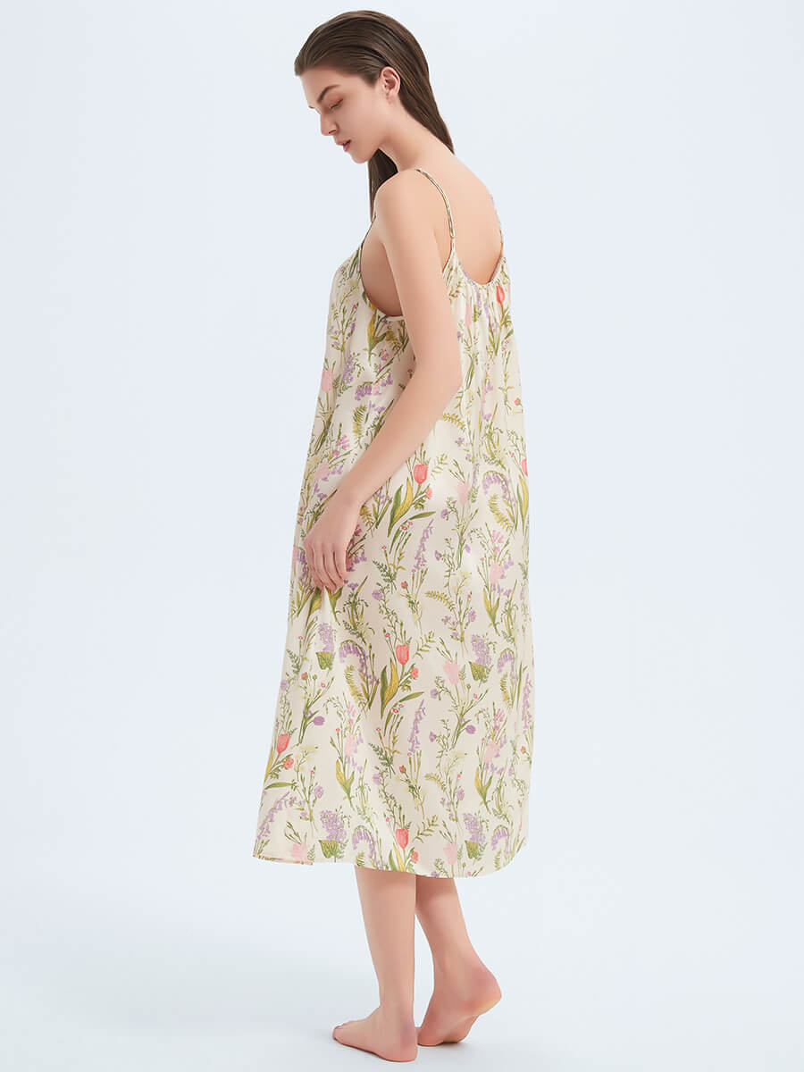 Sweet Beige Floral Prints Pure Mulberry Silk Midi Slip Nightgown