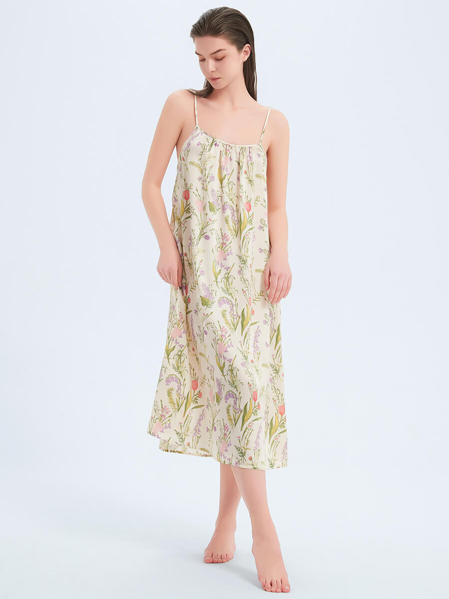 Sweet Beige Floral Prints Pure Mulberry Silk Midi Slip Nightgown