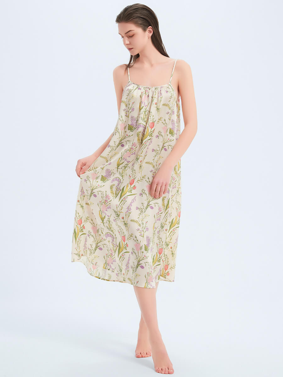 Sweet Beige Floral Prints Pure Mulberry Silk Midi Slip Nightgown