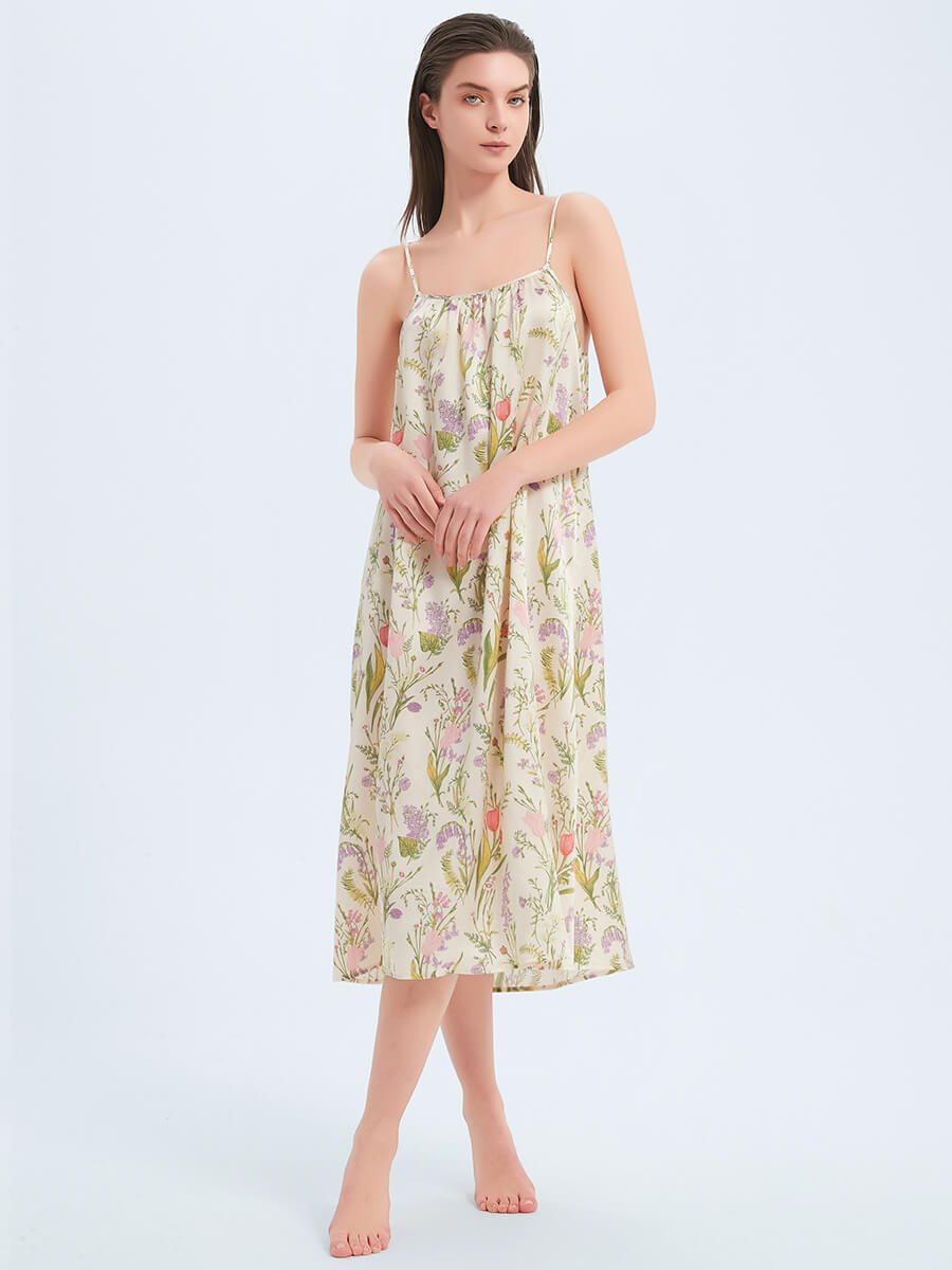 Sweet Beige Floral Prints Pure Mulberry Silk Midi Slip Nightgown