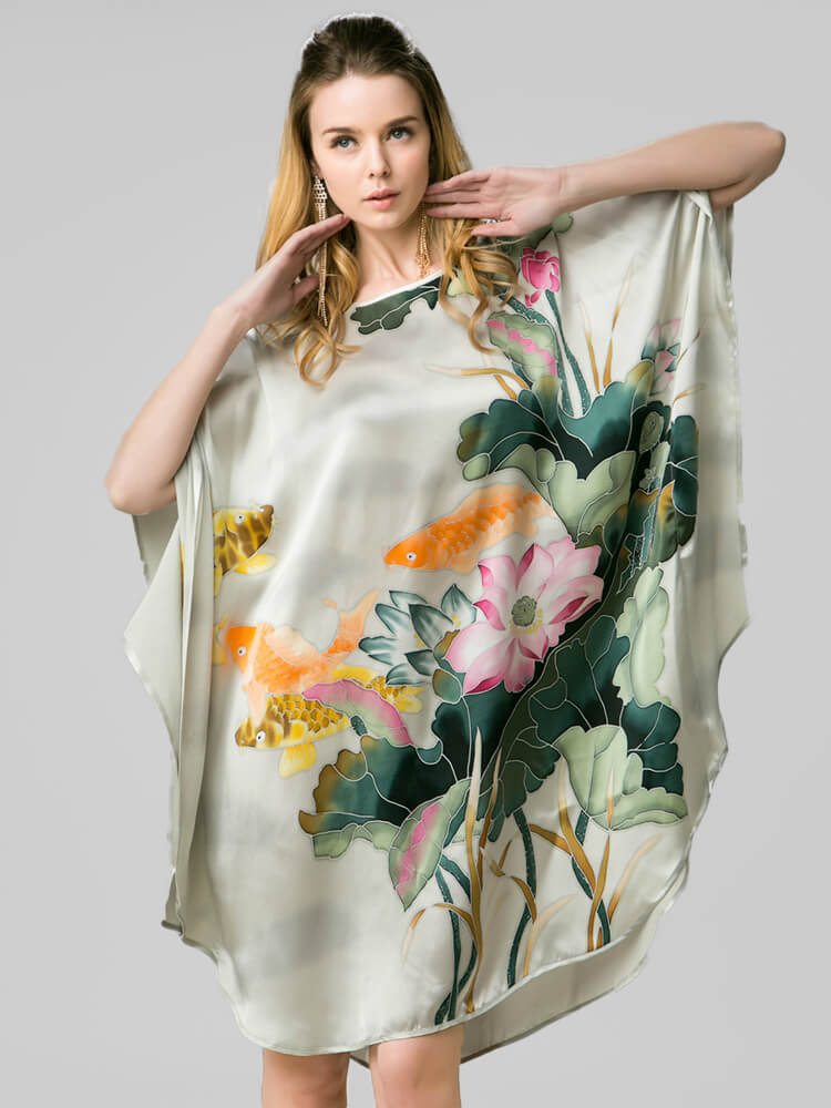 Lotus Printed Light Green Mulberry Silk Caftan