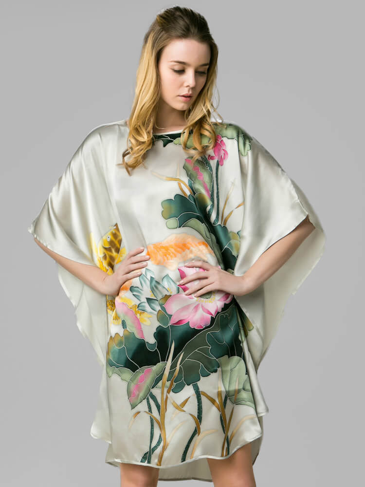 Lotus Printed Light Green Mulberry Silk Caftan