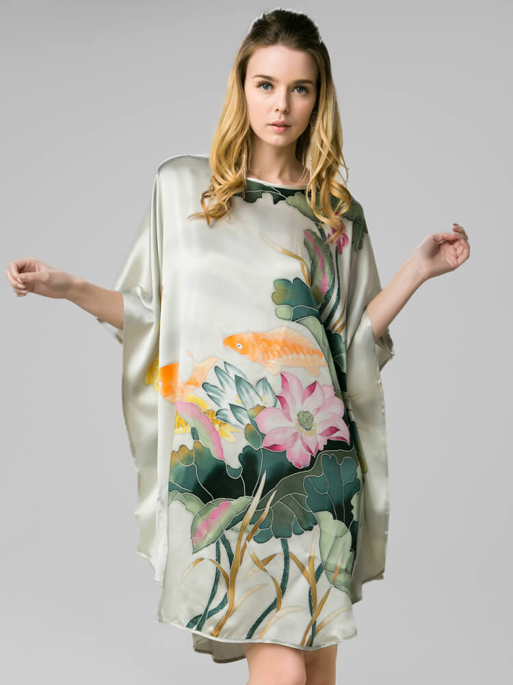 Lotus Printed Light Green Mulberry Silk Caftan