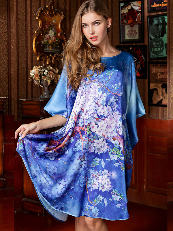 19 Momme Mysterious Blue Purple Floral Silk Nightgown