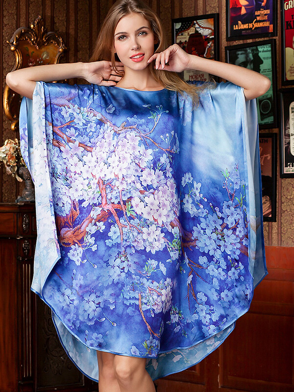 19 Momme Mysterious Blue Purple Floral Silk Nightgown