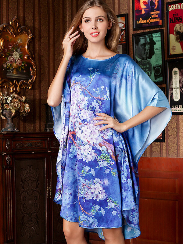 19 Momme Mysterious Blue Purple Floral Silk Nightgown