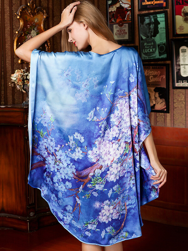 19 Momme Mysterious Blue Purple Floral Silk Nightgown