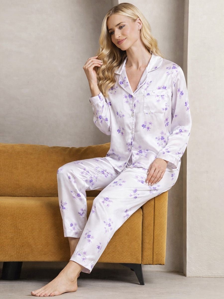 19 Momme Lilac Bloom Print Notch Collar Long Sleeve Silk Pajamas