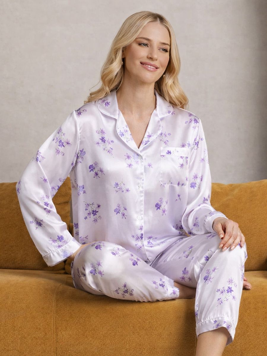 19 Momme Lilac Bloom Print Notch Collar Long Sleeve Silk Pajamas