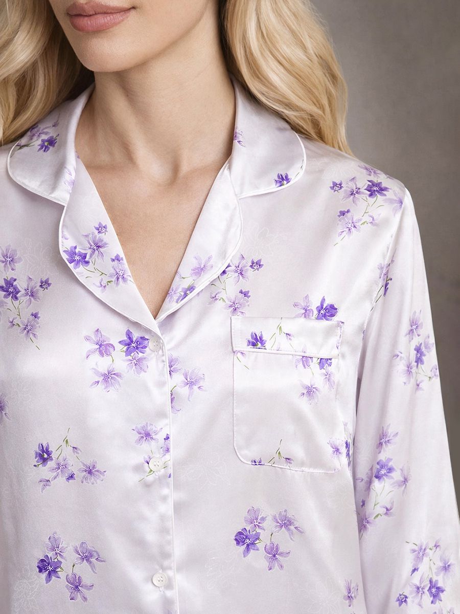 19 Momme Lilac Bloom Print Notch Collar Long Sleeve Silk Pajamas