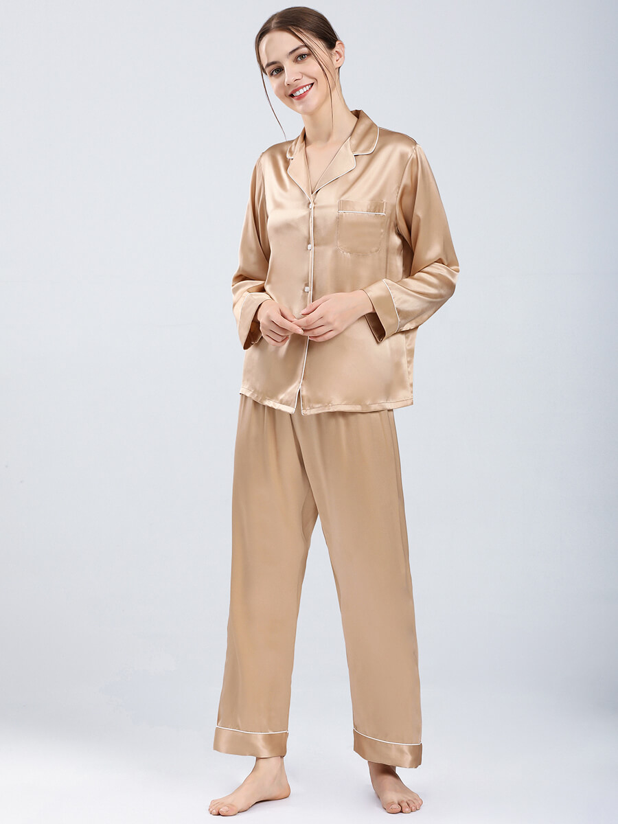 22 Momme Luxurious Champagne Gold Silk Pajamas Set For Women