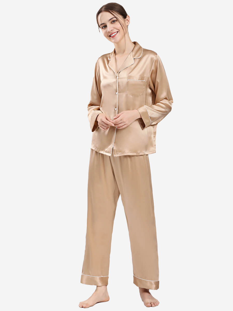 22 Momme Elegant Long Sleeve Champagne Silk Pajama Set for Women