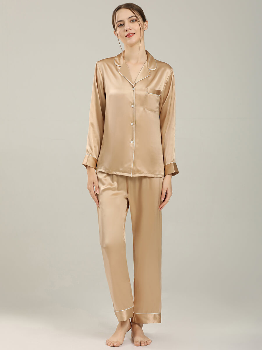 22 Momme Luxurious Champagne Gold Silk Pajamas Set For Women