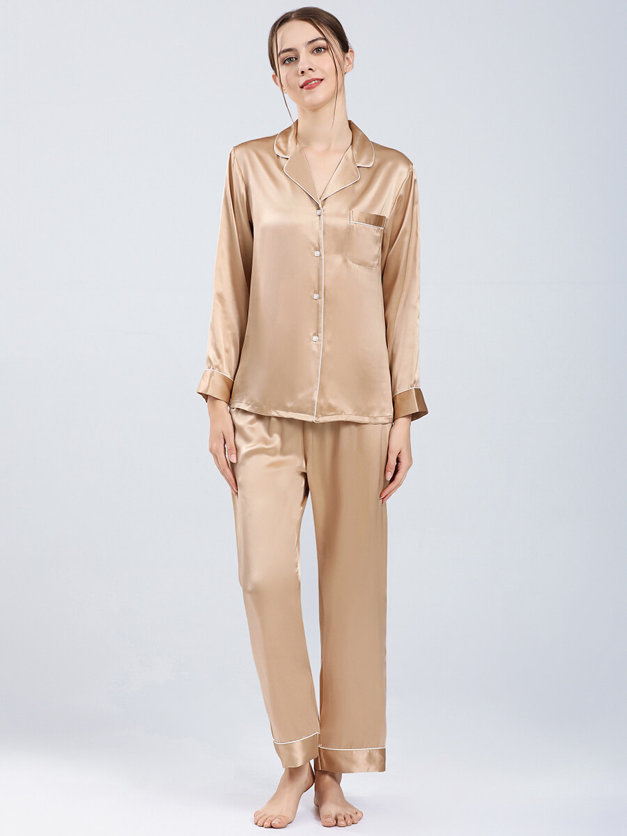 22 Momme Luxurious Champagne Gold Silk Pajamas Set For Women