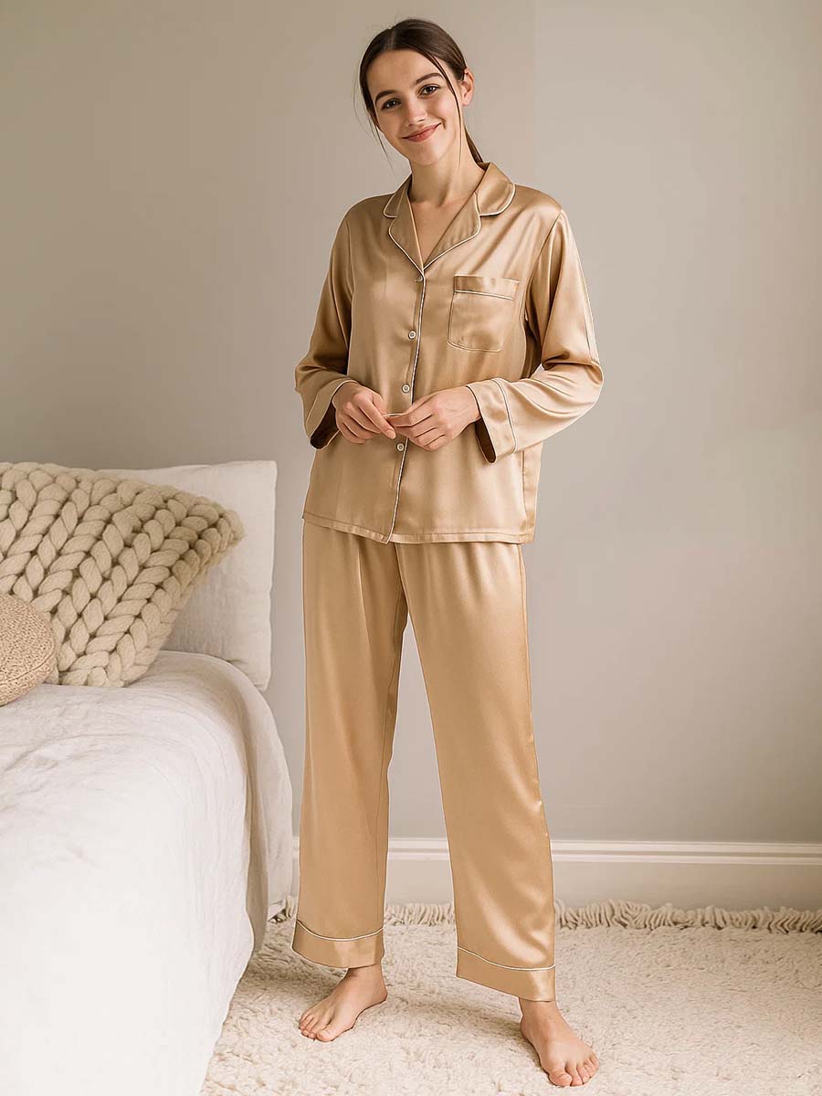 22 Momme Elegant Champagne Long Sleeve Silk Pajama Set for Women
