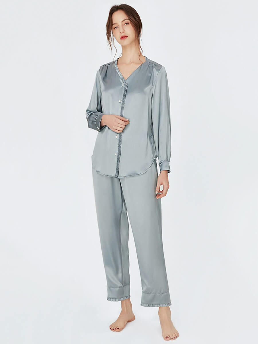 22 Momme V-Neck Button-Up Long Silk Pajama Set for Women