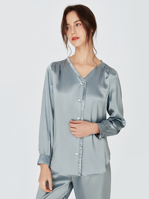 22 Momme V-Neck Fungus-Trimmed Long Sleeve Silk Pajamas Set