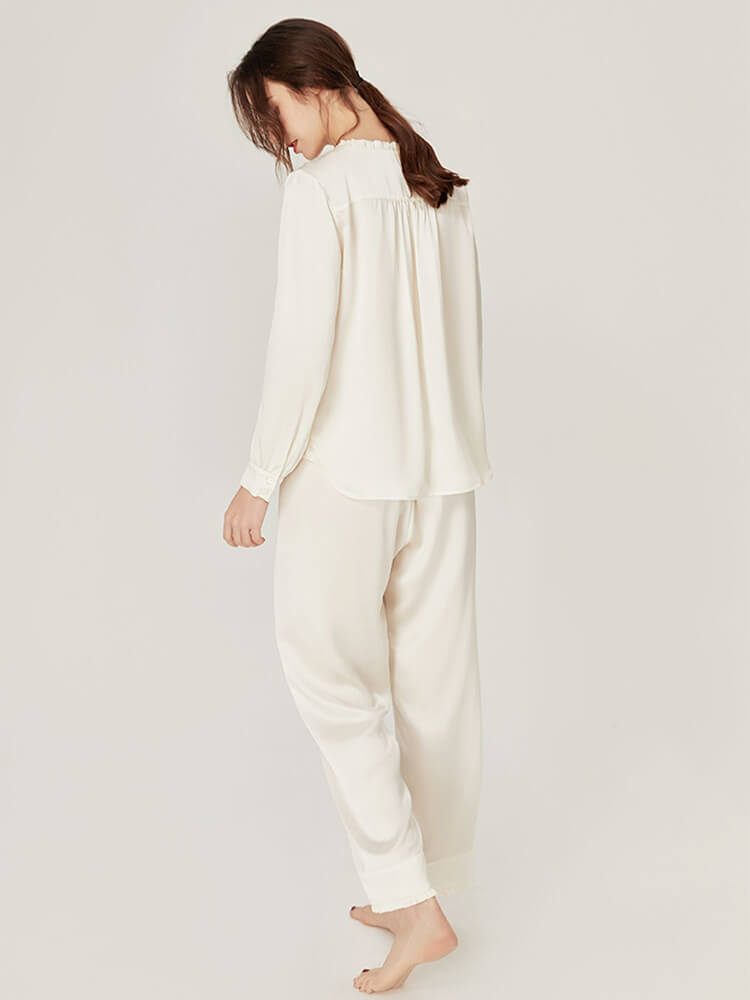 22 Momme Womens V-Neck Silk Pajama Set with Ric-Rac Trimming