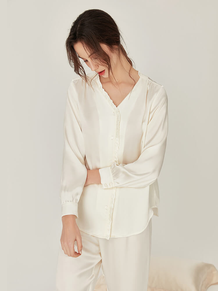 22 Momme Womens V-Neck Silk Pajama Set with Ric-Rac Trimming