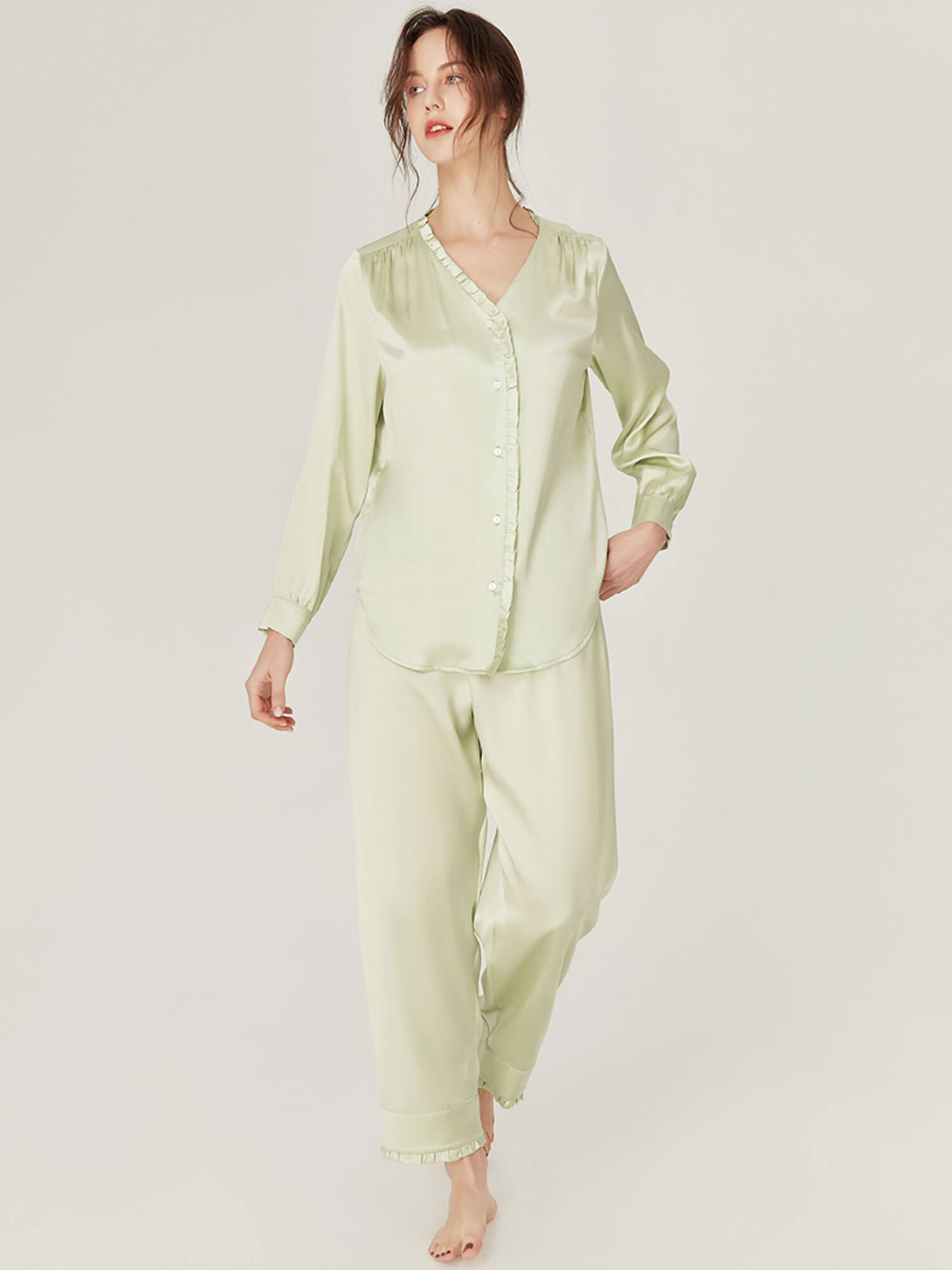 22 Momme V-Neck Fungus-Trimmed Long Sleeve Silk Pajamas Set