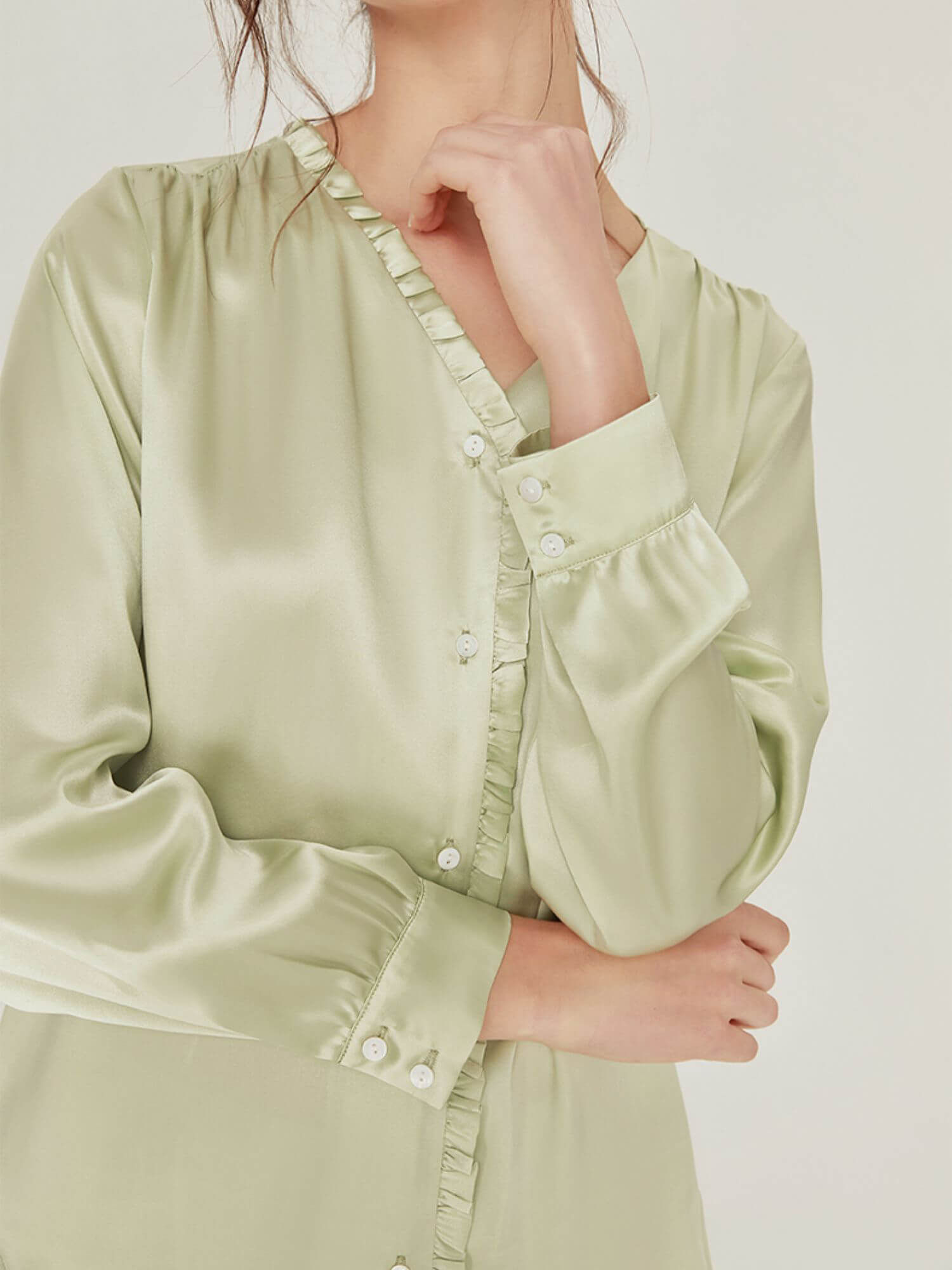22 Momme V-Neck Fungus-Trimmed Long Sleeve Silk Pajamas Set