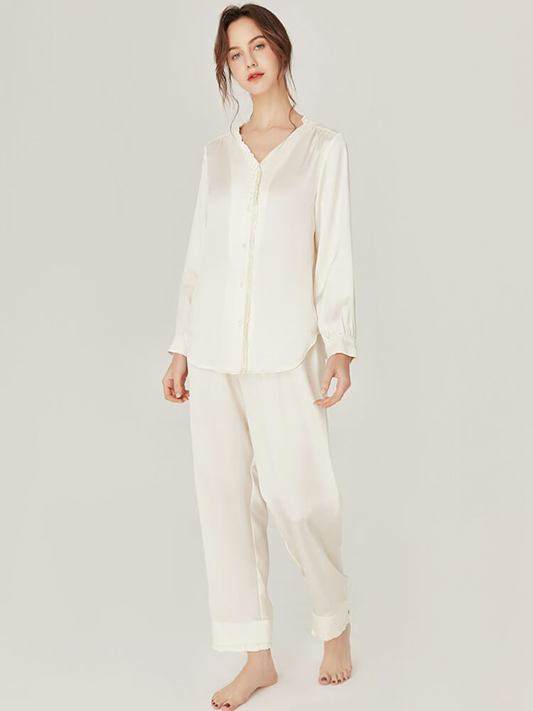 22 Momme V-Neck Fungus-Trimmed Long Sleeve Silk Pajamas Set
