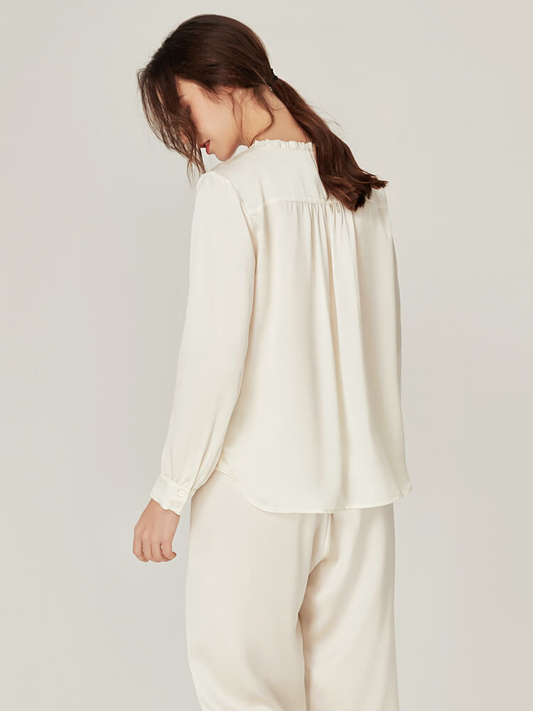 22 Momme V-Neck Fungus-Trimmed Long Sleeve Silk Pajamas Set