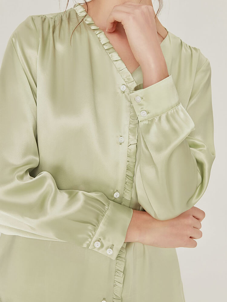 22 Momme Womens V-Neck Silk Pajama Set with Ric-Rac Trimming